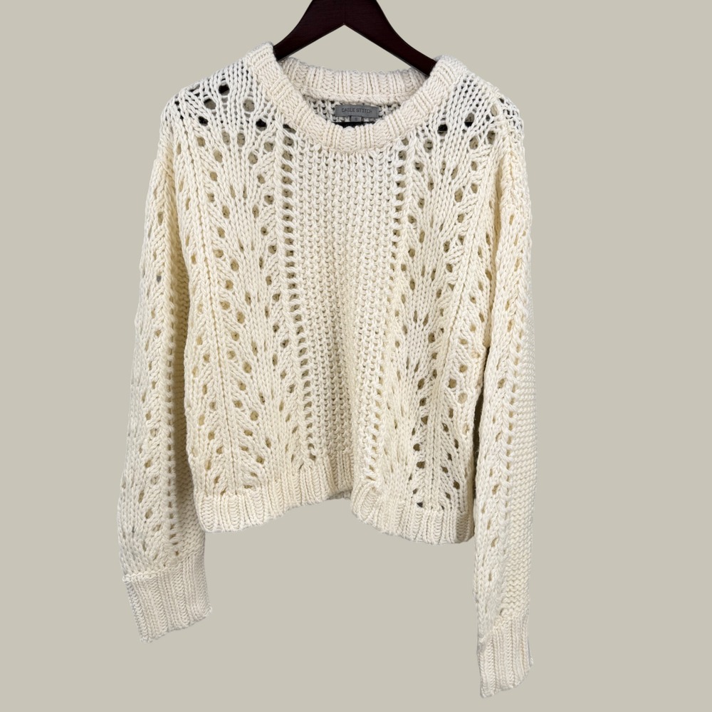 Cable Stitch Womens Size Small Ivory Open Knit Cable Sweater Wool Blend